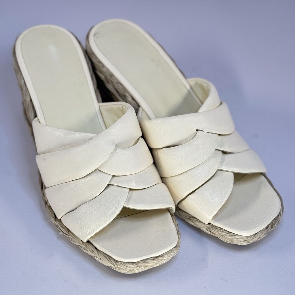 Vince Gilian Sandals Espadrille Wedge Heel Slides Crème Leather 9.5M Womens